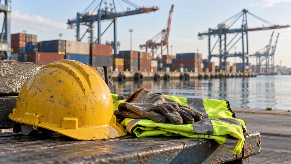 Work helmet and gloves in front of port cranes and shipping containers