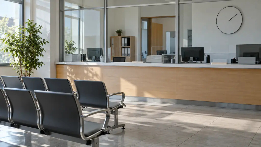 Empty waiting area and reception counters in an administrative office