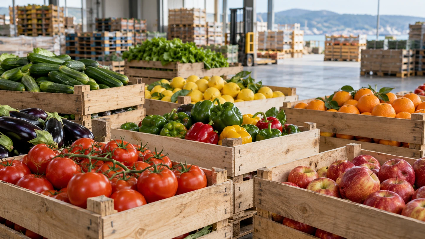 Crates of Greek products in a goods-distribution warehouse