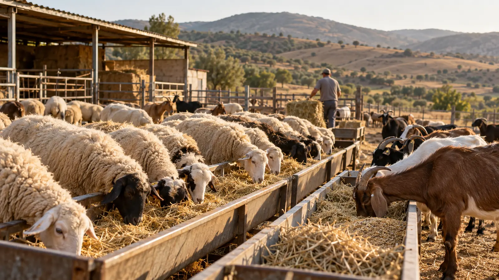 Sheep and goats feeding at a livestock farm in the Greek countryside