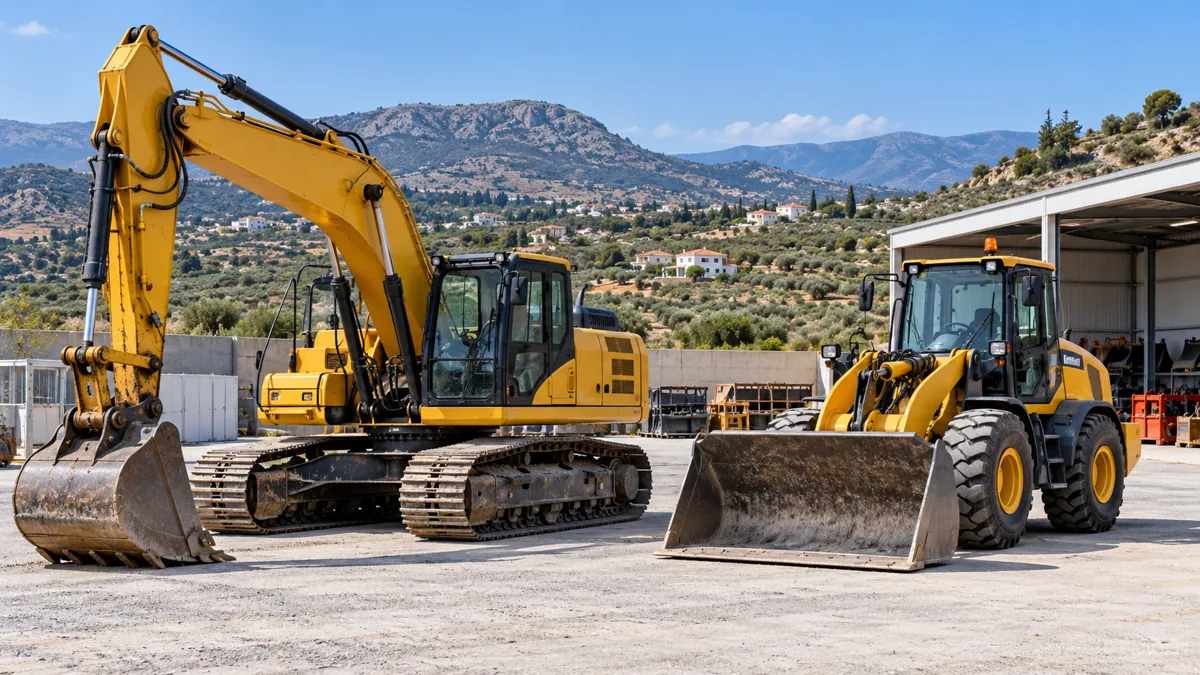 Excavator and wheel loader at a public works machinery depot