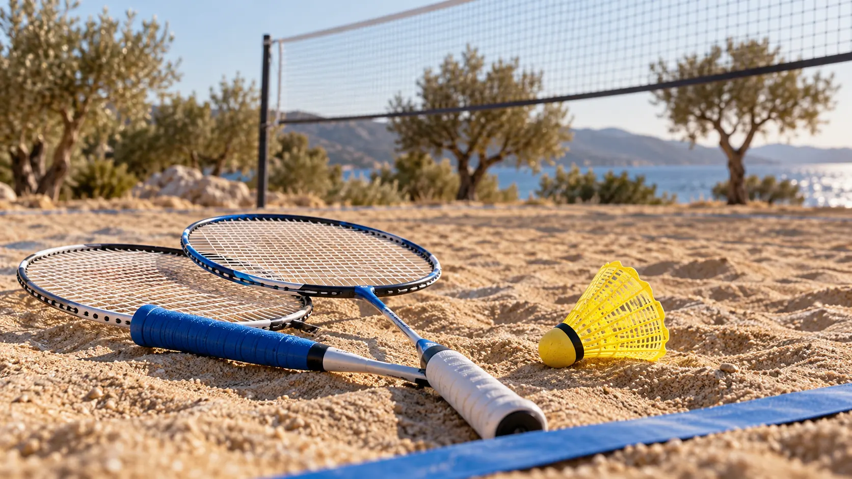 Two rackets and a yellow shuttlecock on a sandy outdoor court with a net
