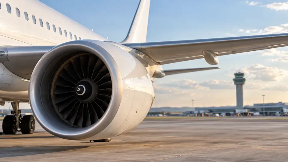 Passenger aircraft engine and wing on an airport apron
