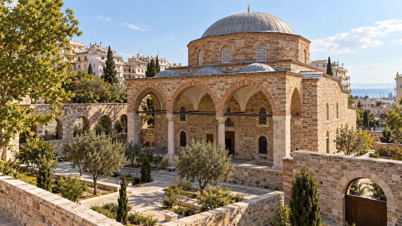 Illustrative reconstruction of a historic Ottoman mosque in an urban setting