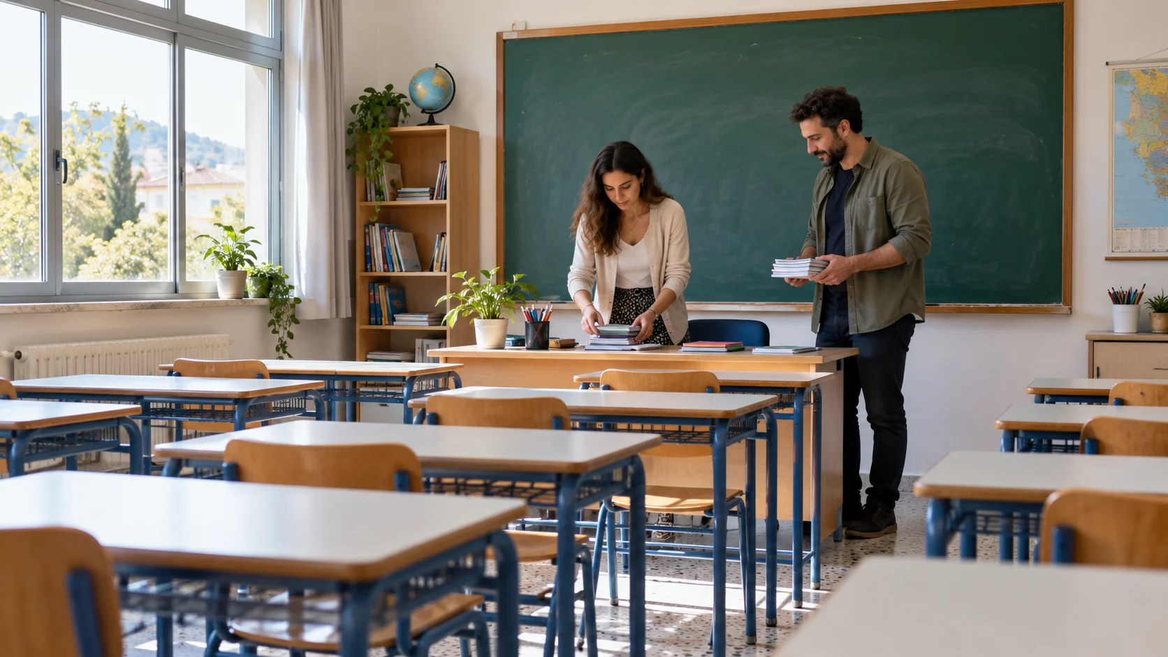 Educators preparing materials in a school classroom