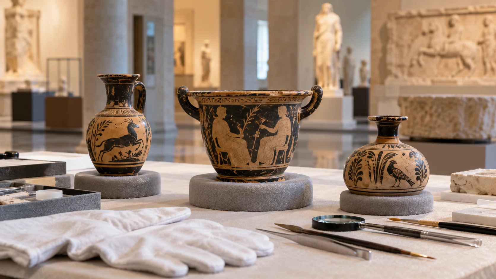 Pottery vessels on a museum conservation table with cataloguing tools and protective gloves