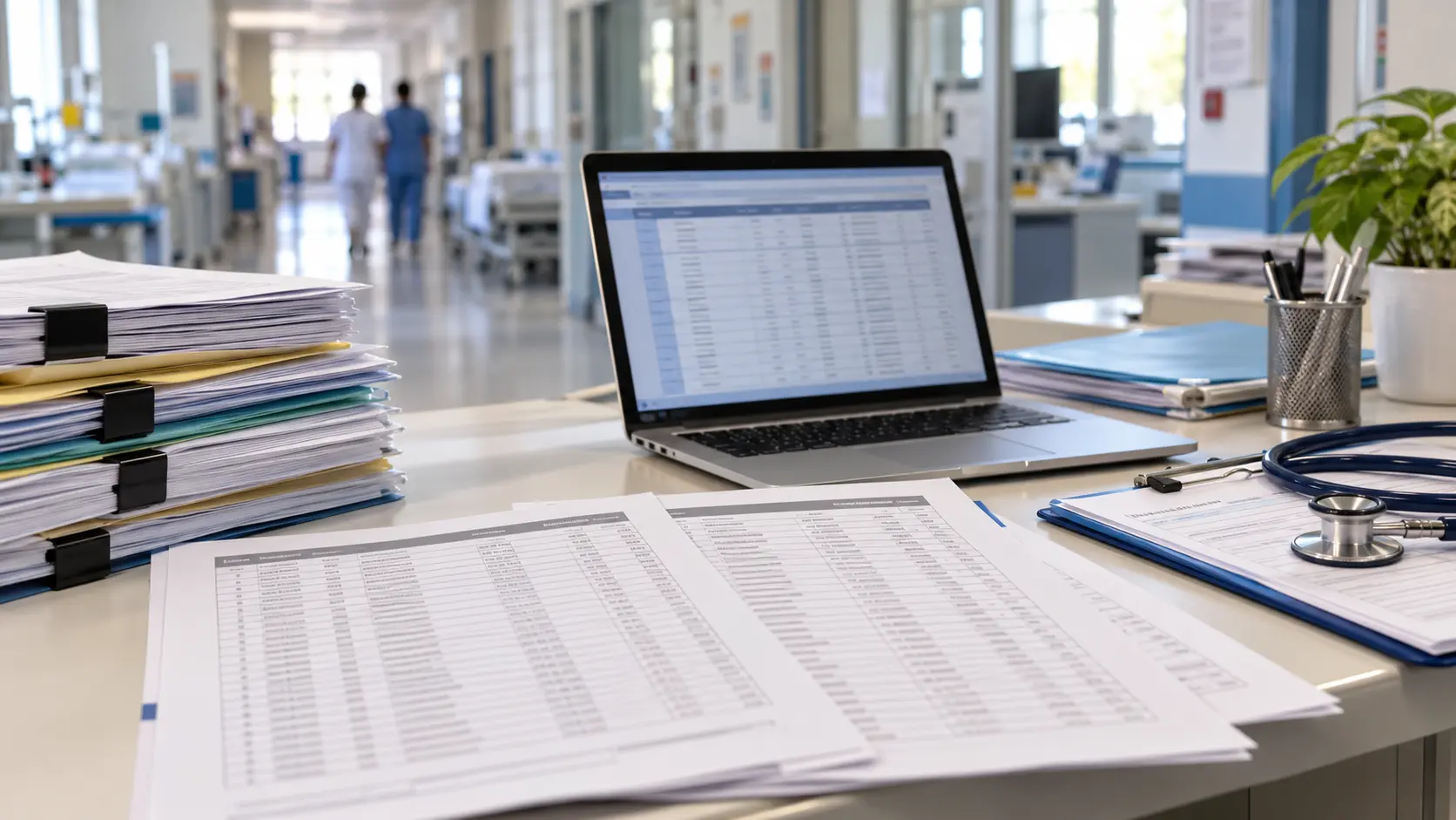 Results documents and a laptop on a hospital office desk