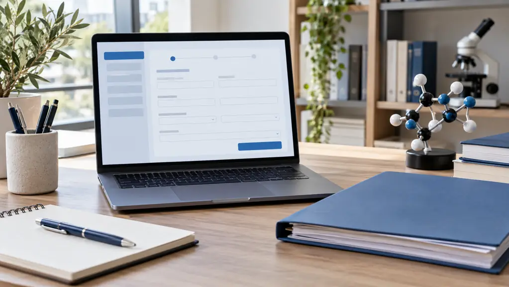 Laptop with an abstract form, folder and scientific model on a desk