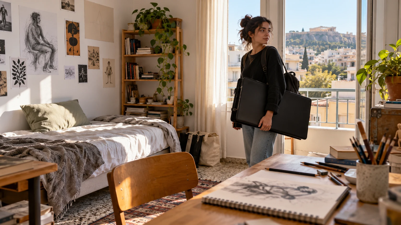 Art student carrying a drawing portfolio in a modest student room