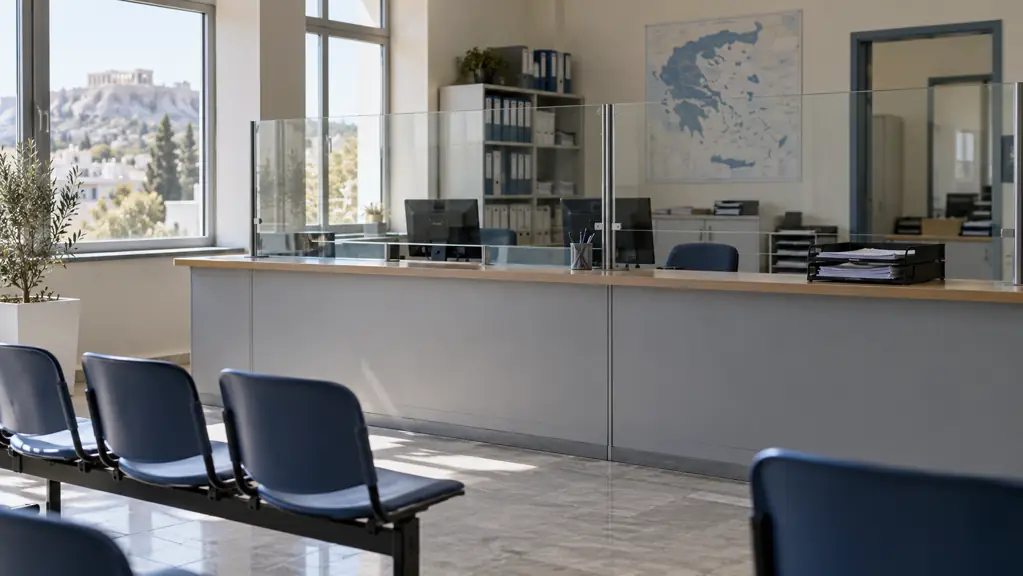 Empty public-service reception area with a counter and waiting chairs