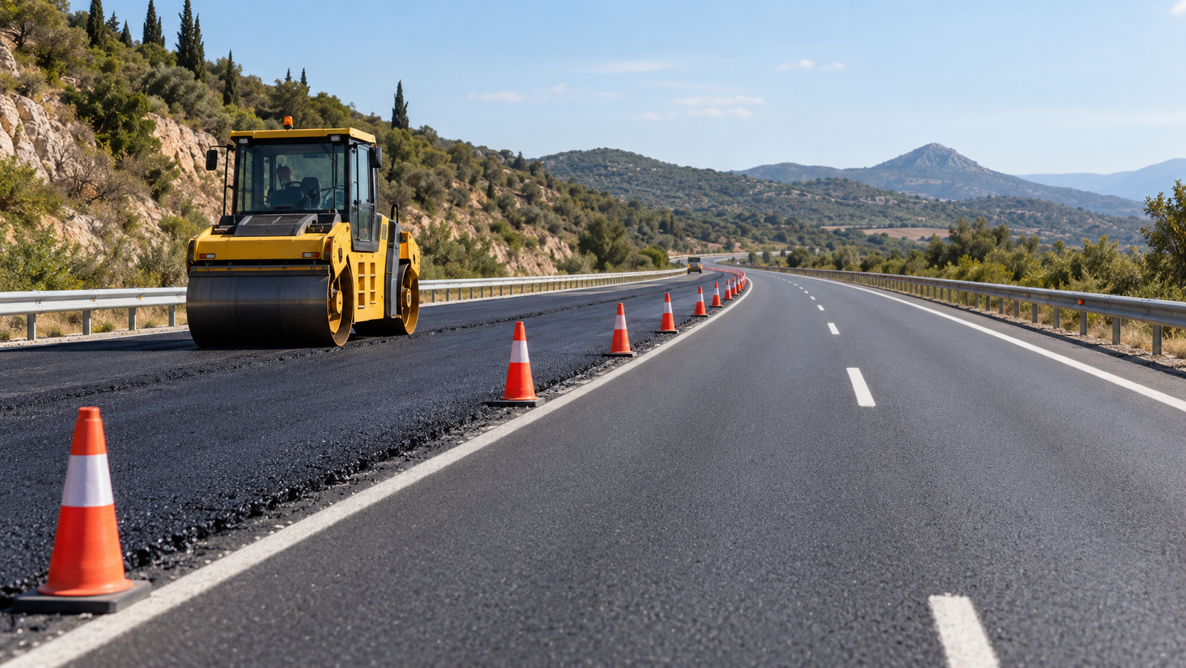 Cones and a road roller in a protected motorway work zone