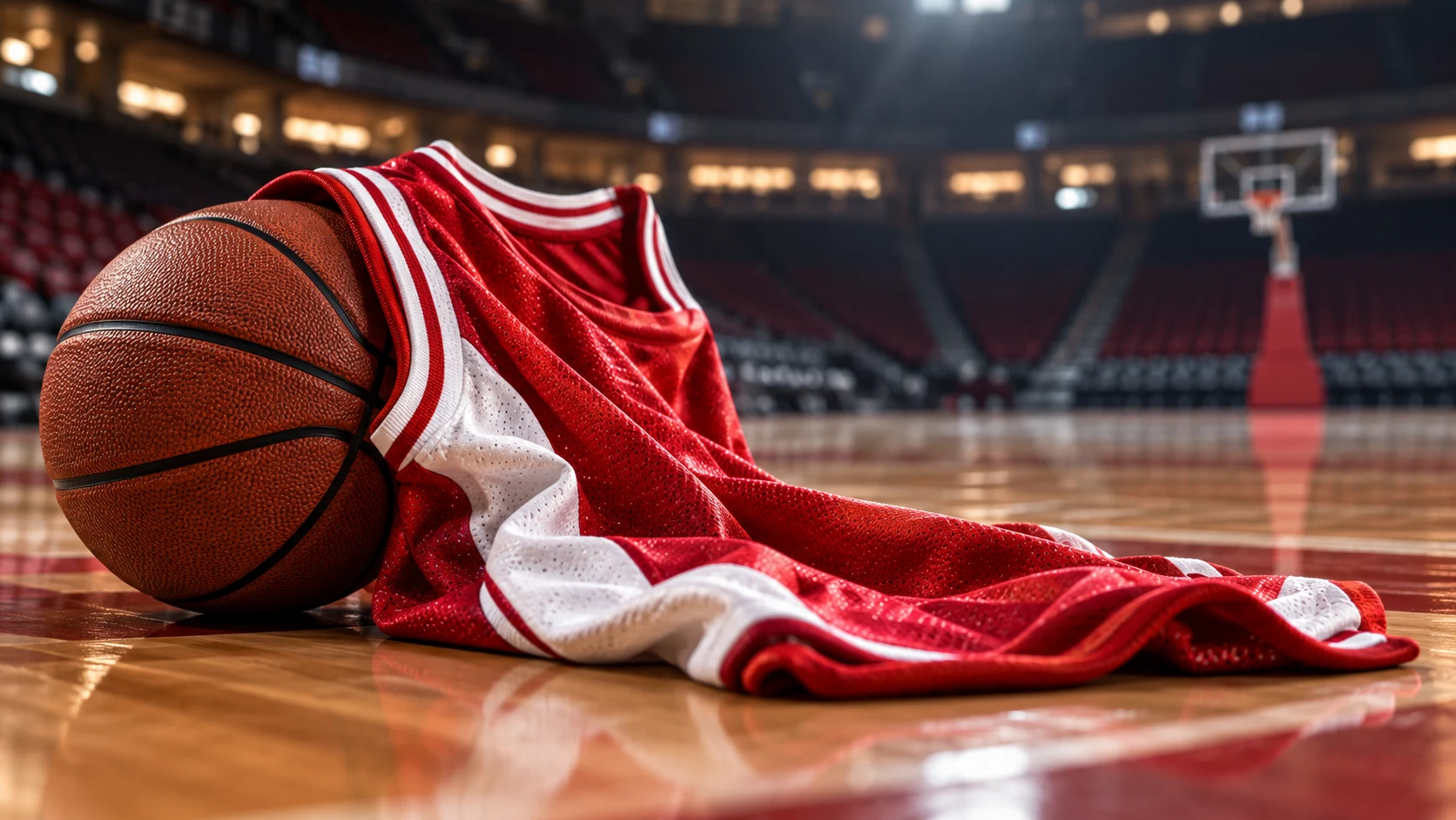 Basketball on a court beside a red-and-white kit