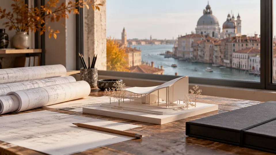 White pavilion scale model, architectural drawings and portfolio on a desk overlooking Venice