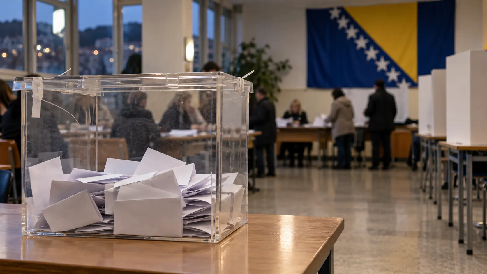 A ballot box in a polling station with the flag of Bosnia and Herzegovina in the background