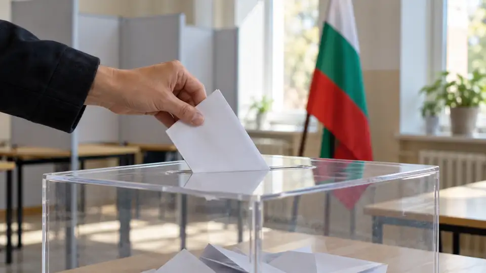 Hand placing a ballot in a transparent ballot box with a Bulgarian flag behind