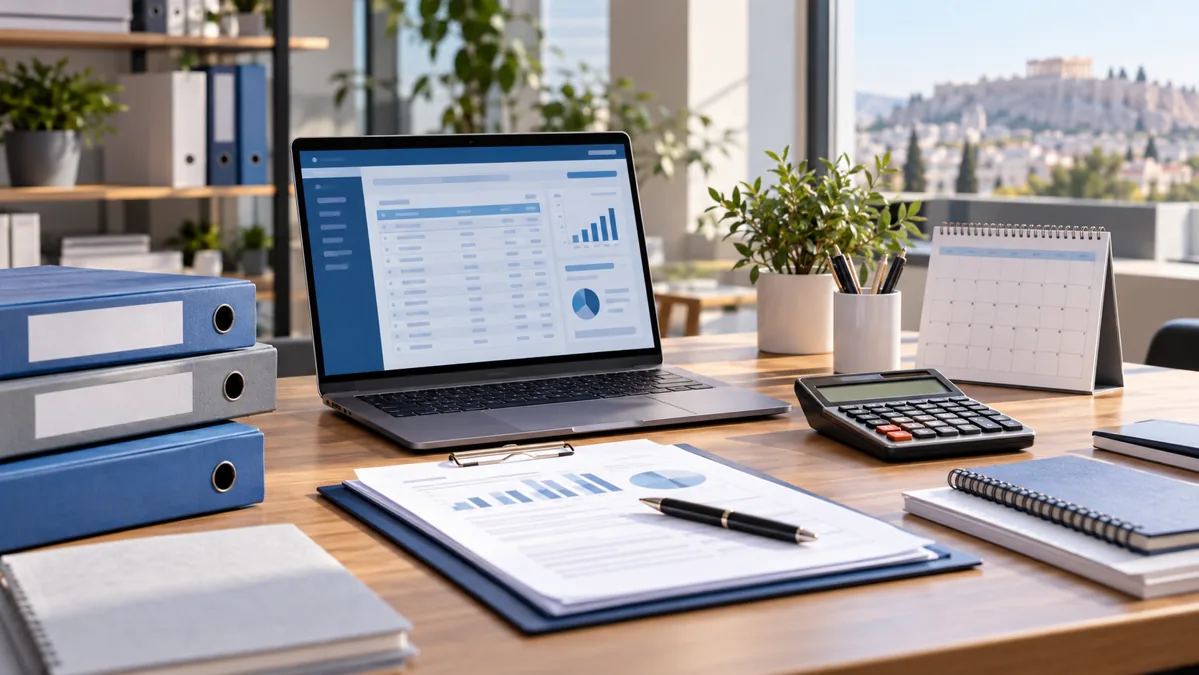 Accounting desk with a laptop and business folders