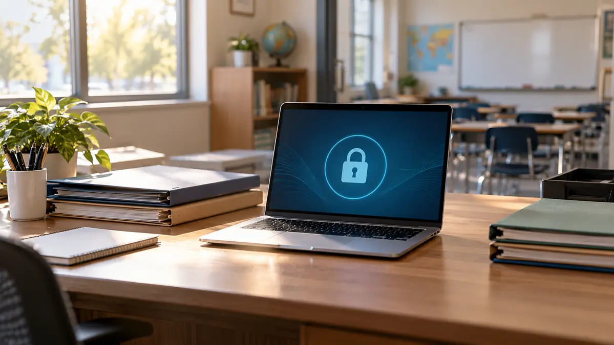Laptop displaying a lock symbol beside closed folders on an empty school office desk
