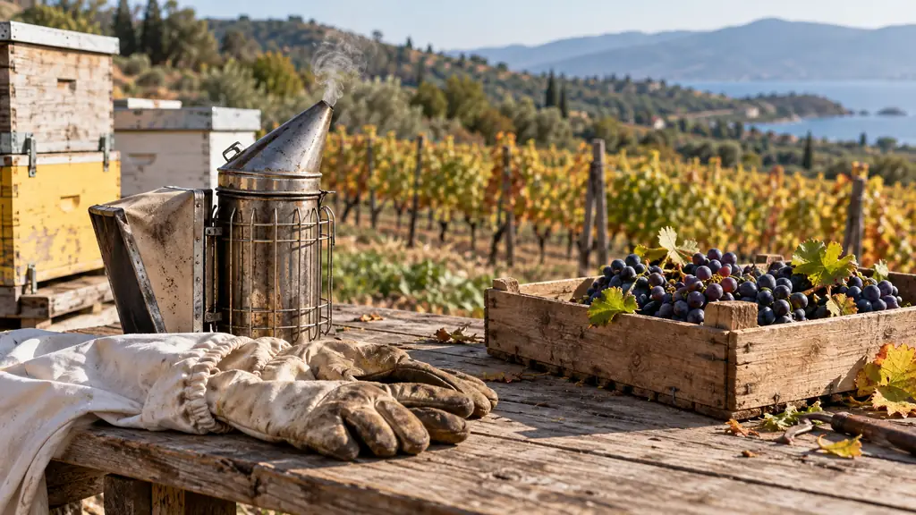 Beekeeping gloves and smoker beside a wooden crate of grapes, with a vineyard behind