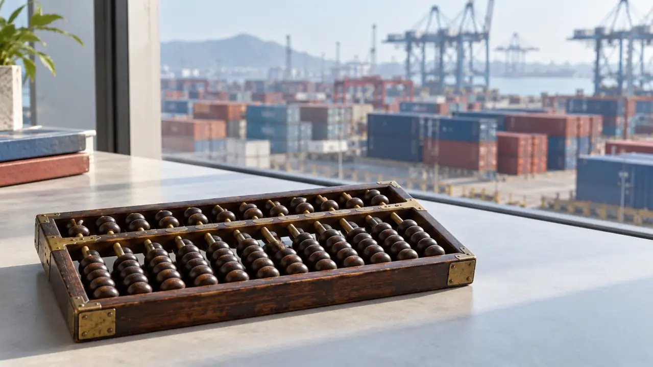 Wooden abacus on a warehouse office desk, with shipping containers blurred in the background