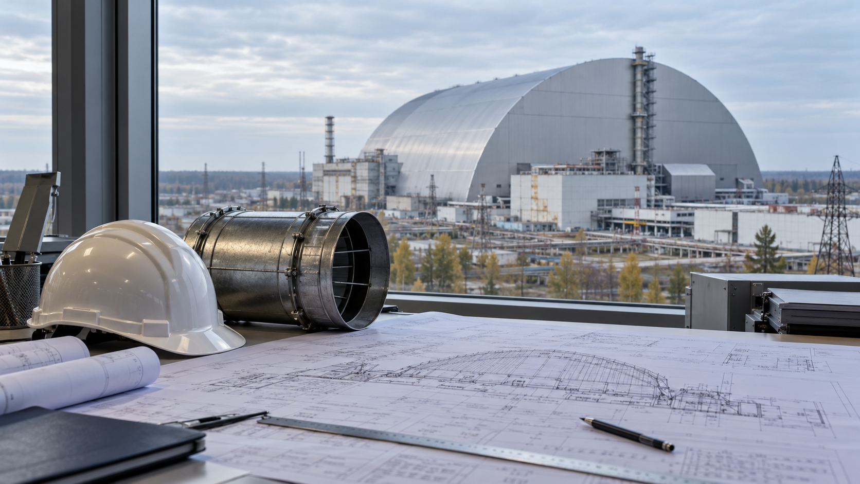 Safety helmet and engineering plans in front of an arched nuclear confinement building