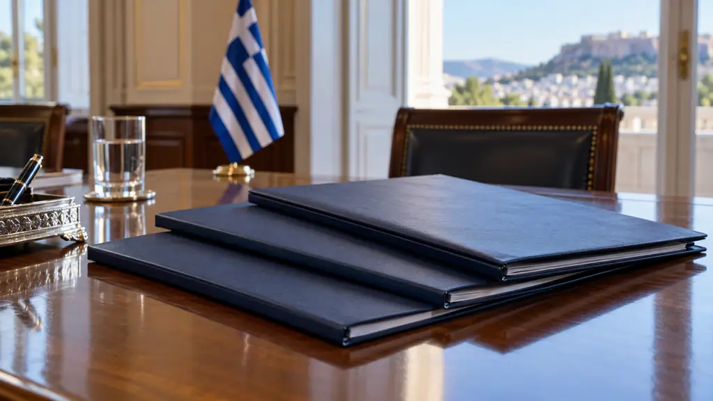 Three closed document folders on a conference table with a Greek flag in the background