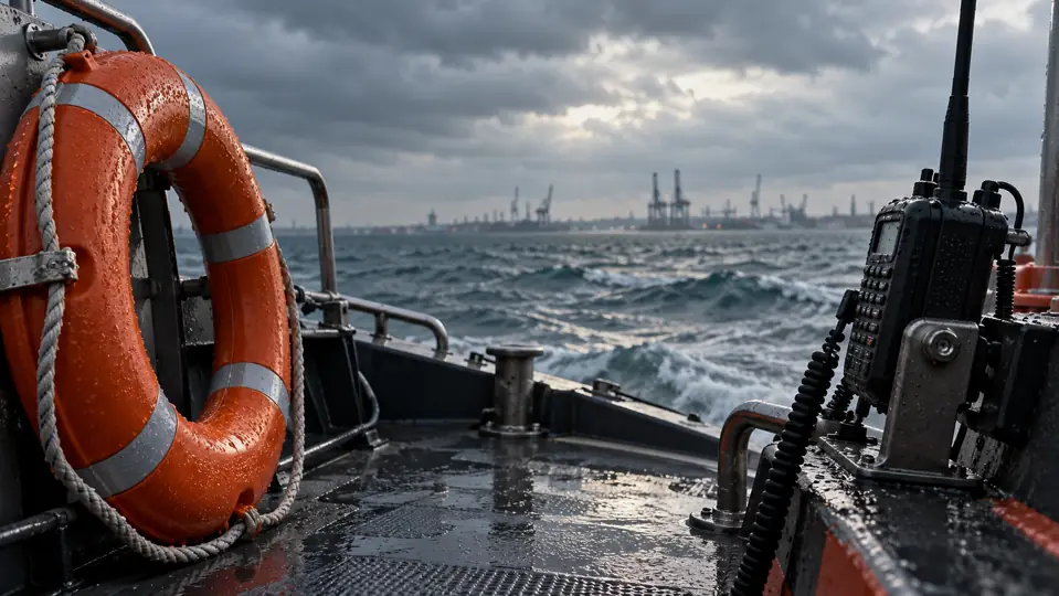 A life ring and handheld radio on an empty wet deck, with an overcast sea and distant port cranes
