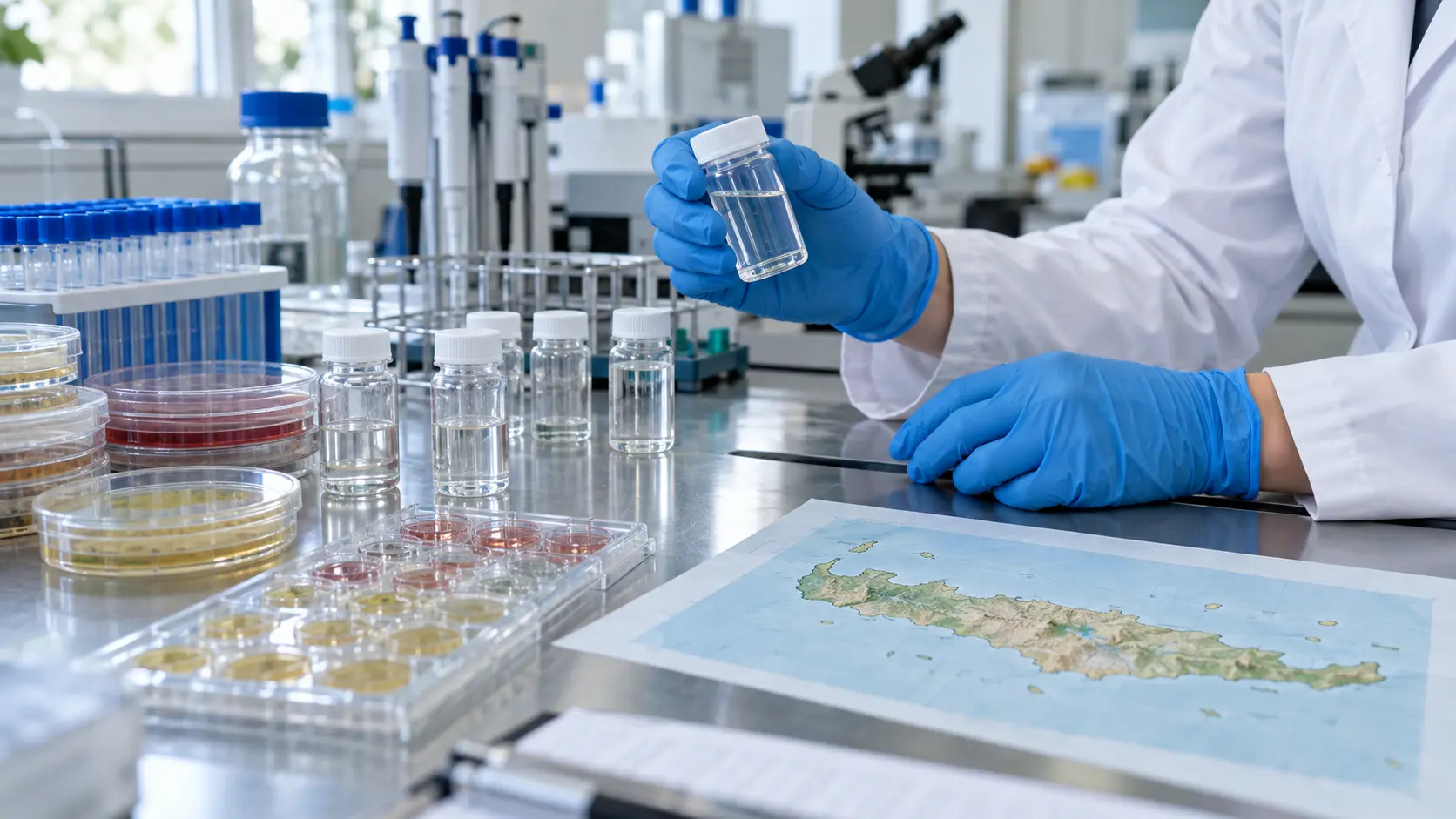 Laboratory testing of water samples and cultures beside a map of Crete