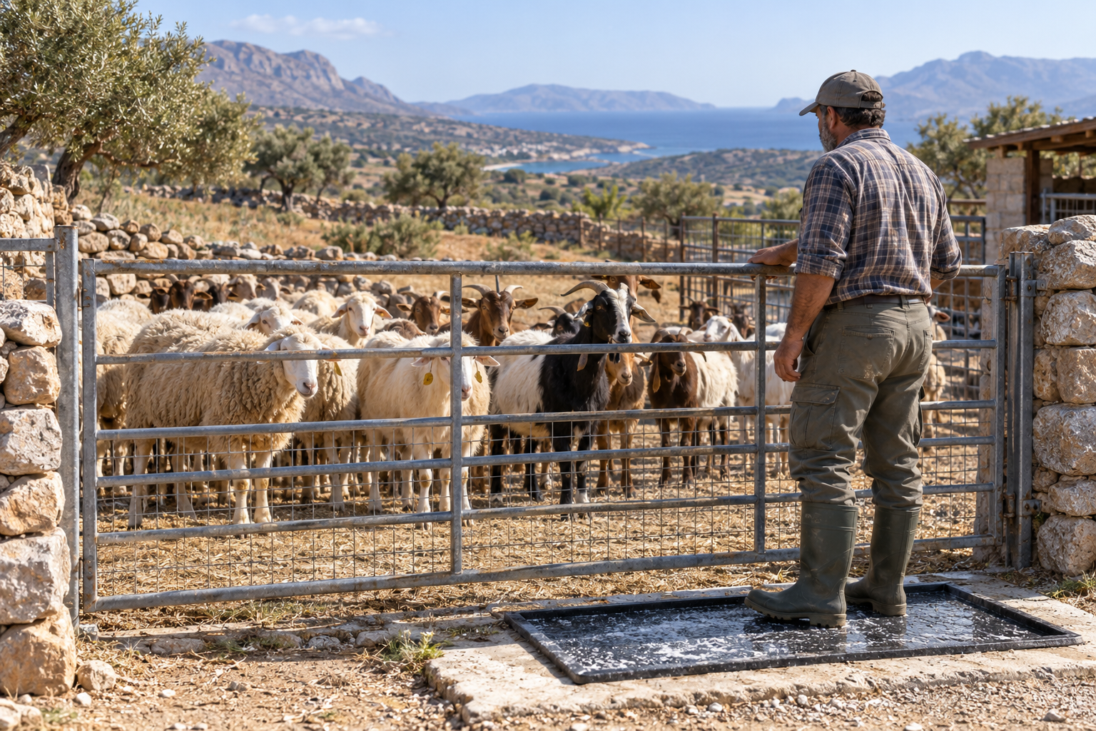 Sheep and goats behind a farm gate in Crete with protective measures at the entrance