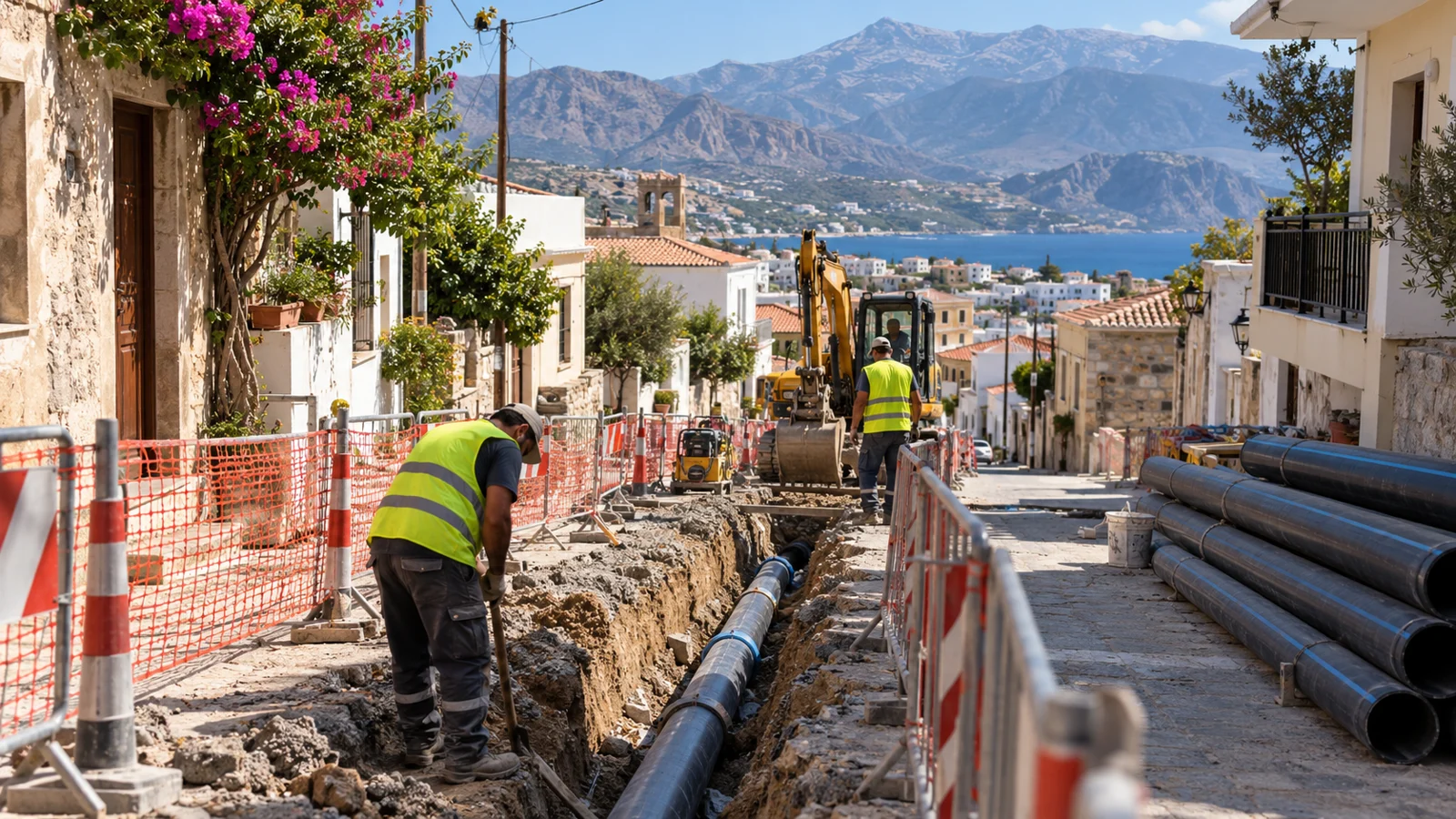 Εργασίες δικτύου ύδρευσης σε δρόμο κρητικού οικισμού με περίφραξη ασφαλείας