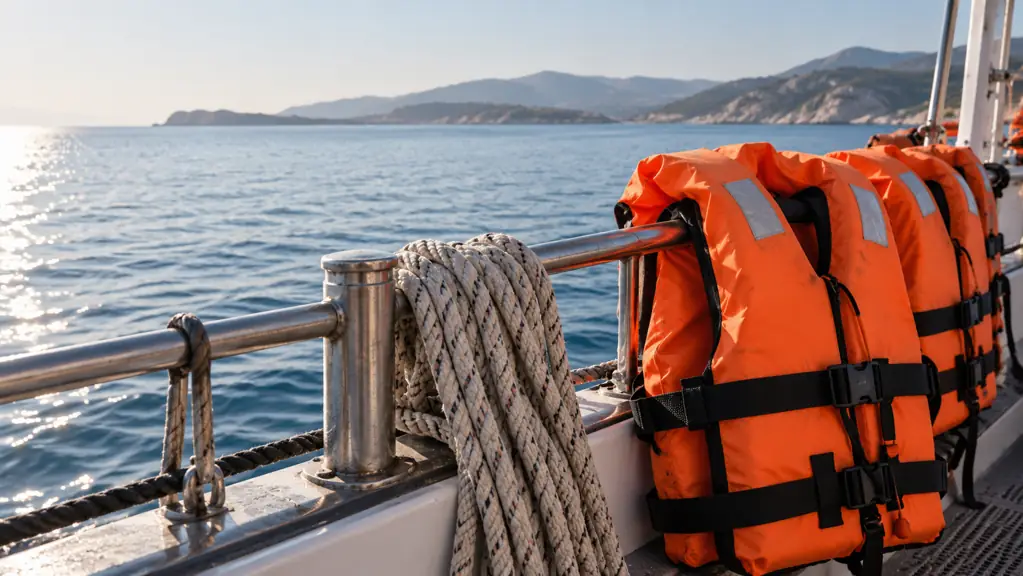 Orange lifejackets and rope on a boat deck with the sea in the background