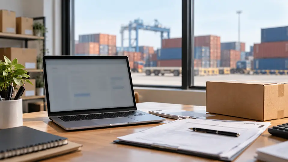 A laptop, shipping documents and a cardboard box in an office overlooking freight containers