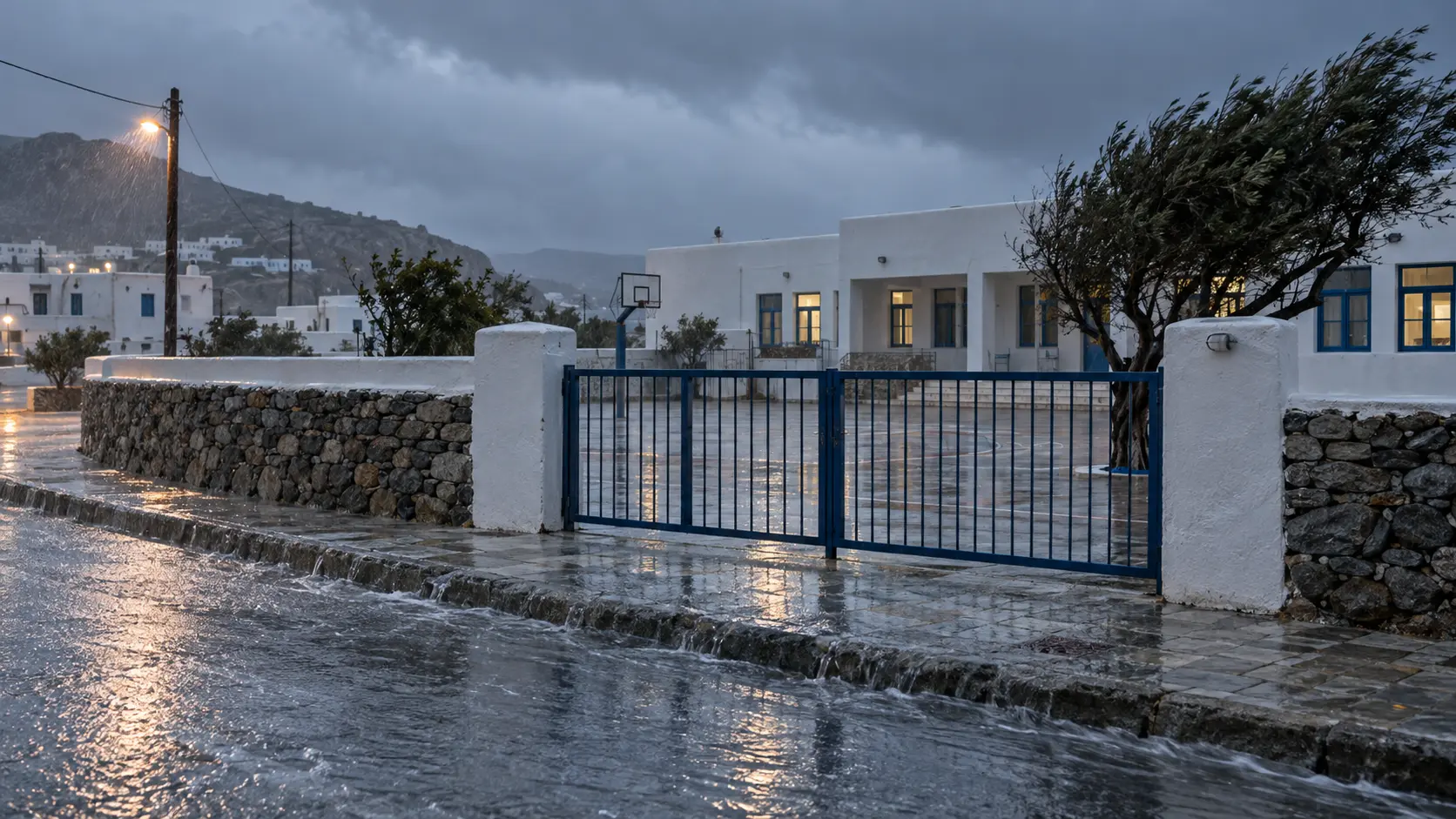 Closed school gate on a Cycladic island in heavy rain and wind