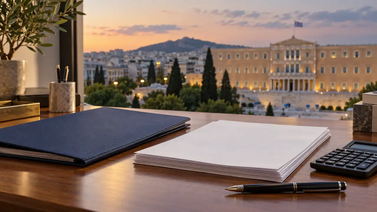 Folder and papers on a desk with the Greek Parliament in the background