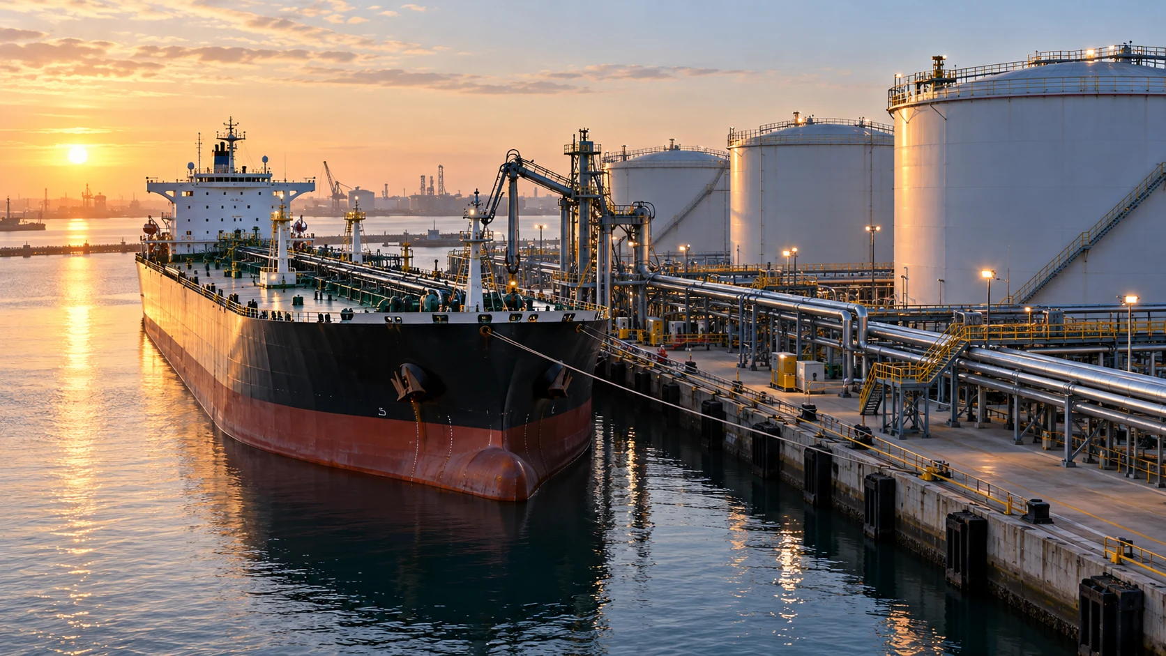 Tanker in a port with fuel infrastructure
