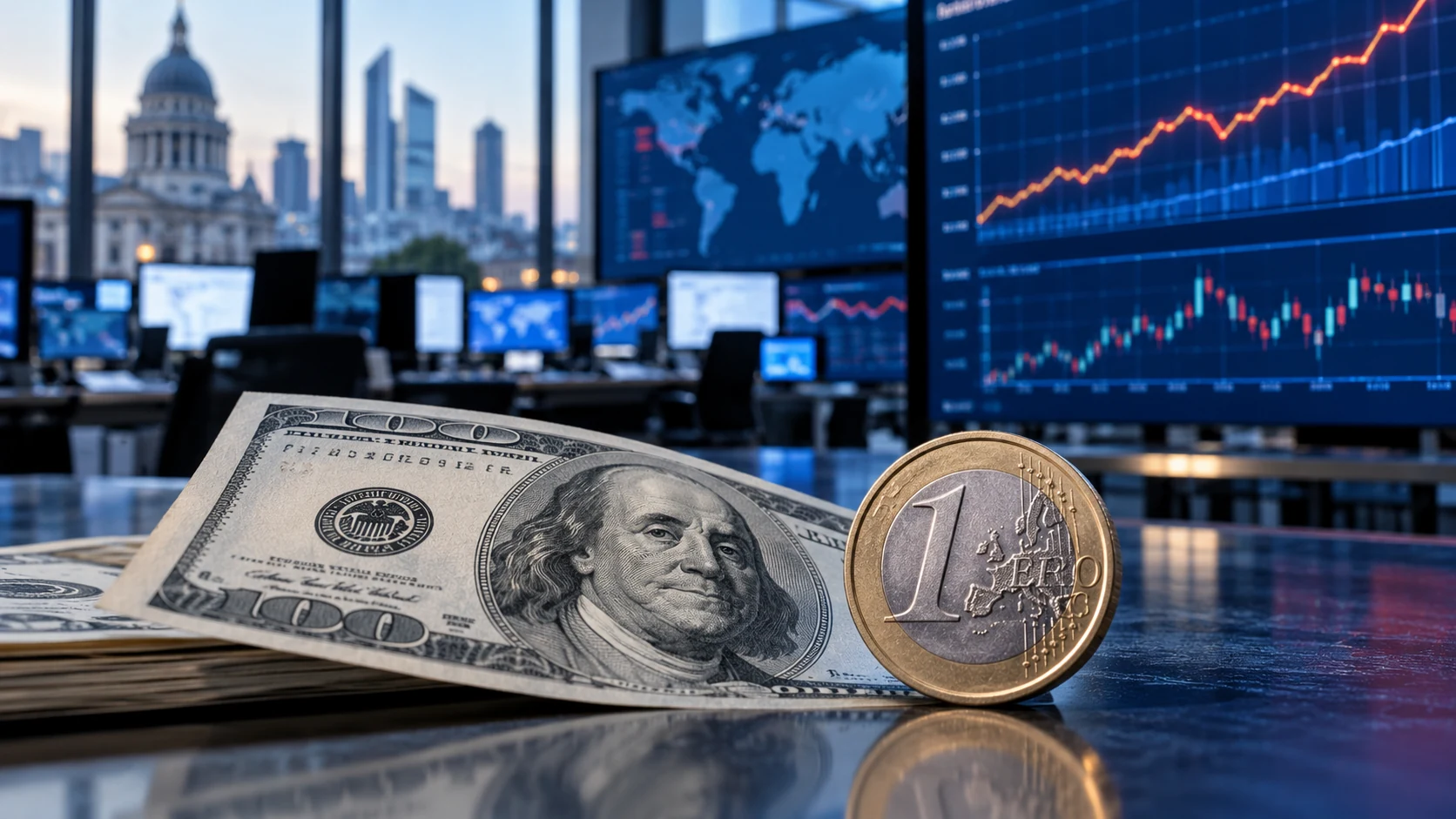US dollar banknote, euro coin and a rising bond-yield curve on market screens