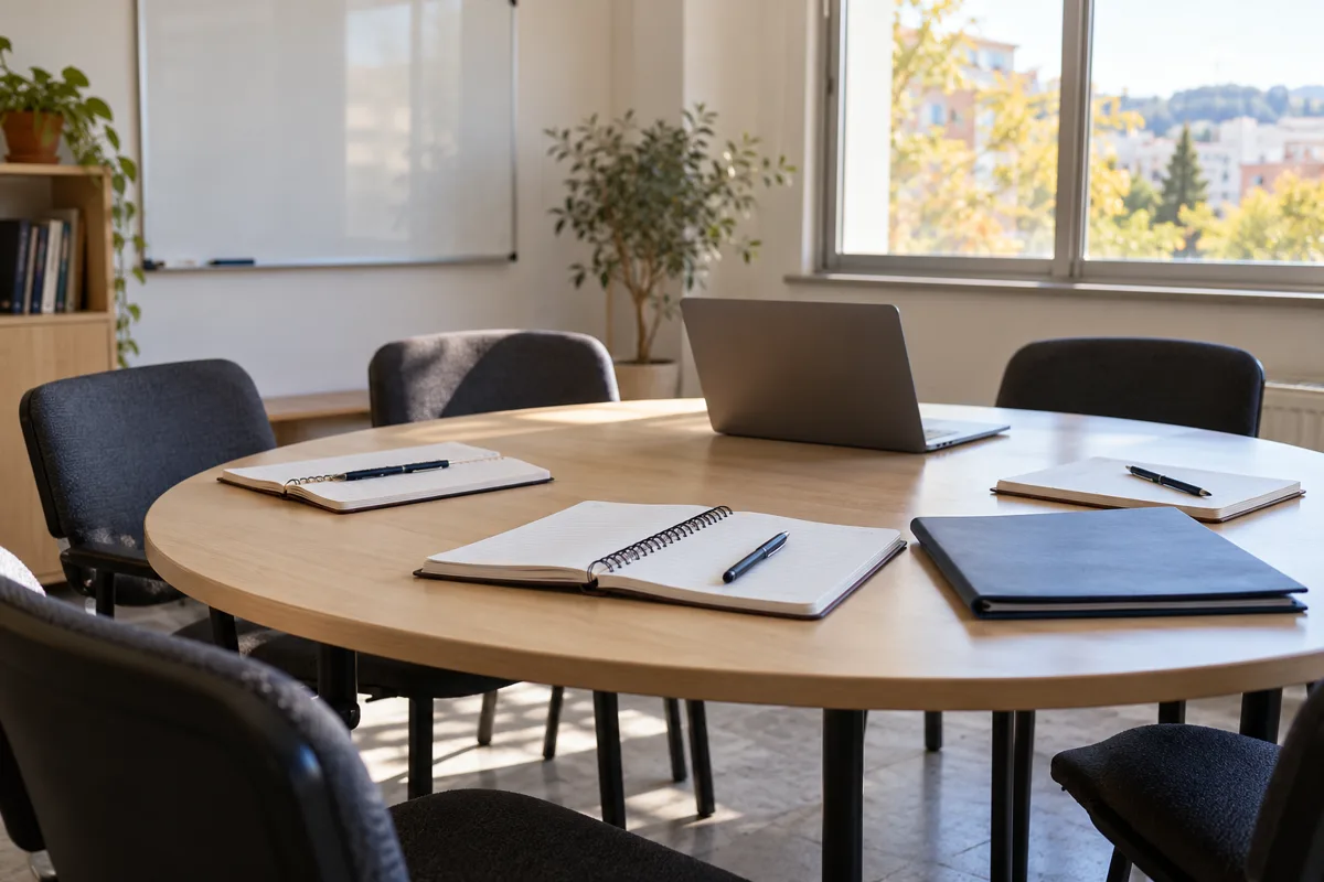 A counselling room with notebooks, a laptop and empty chairs around a table