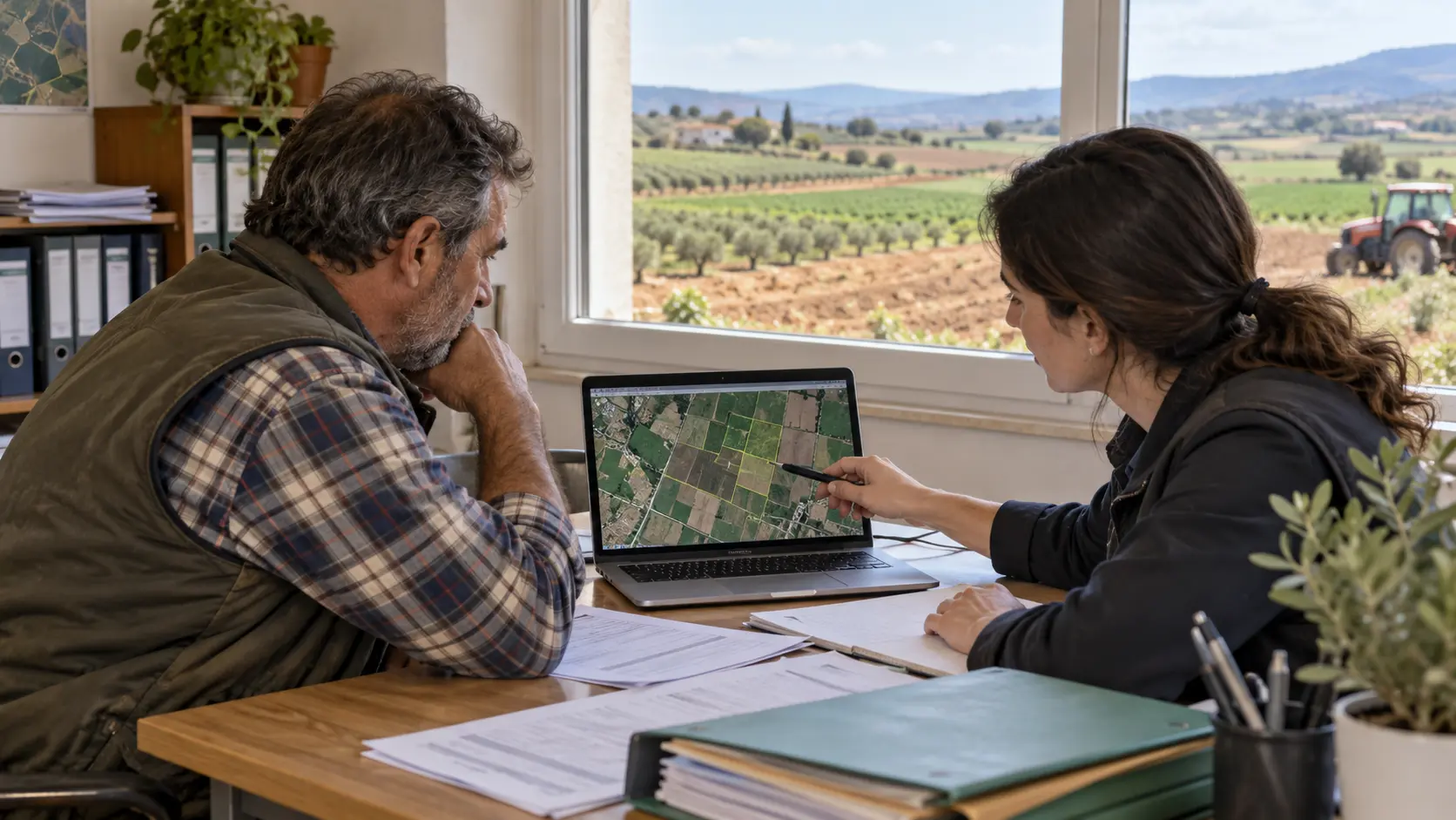 A farmer and an agricultural adviser review a parcel map and supporting documents on a computer