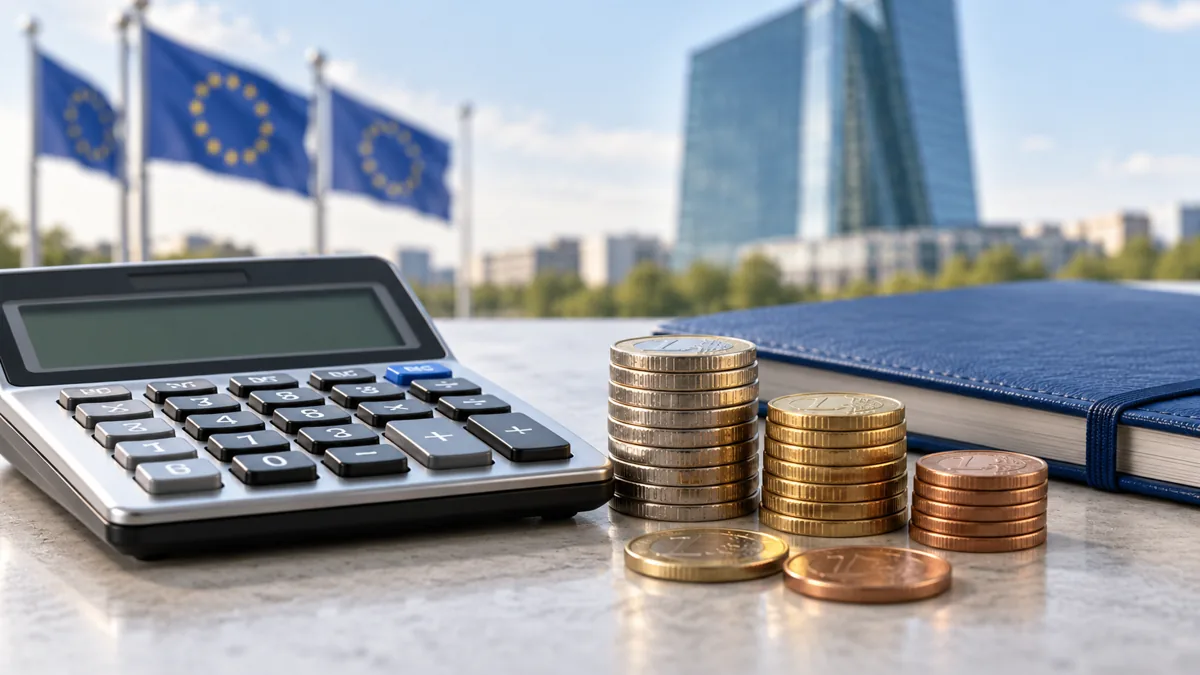 Calculator and euro coins on a desk