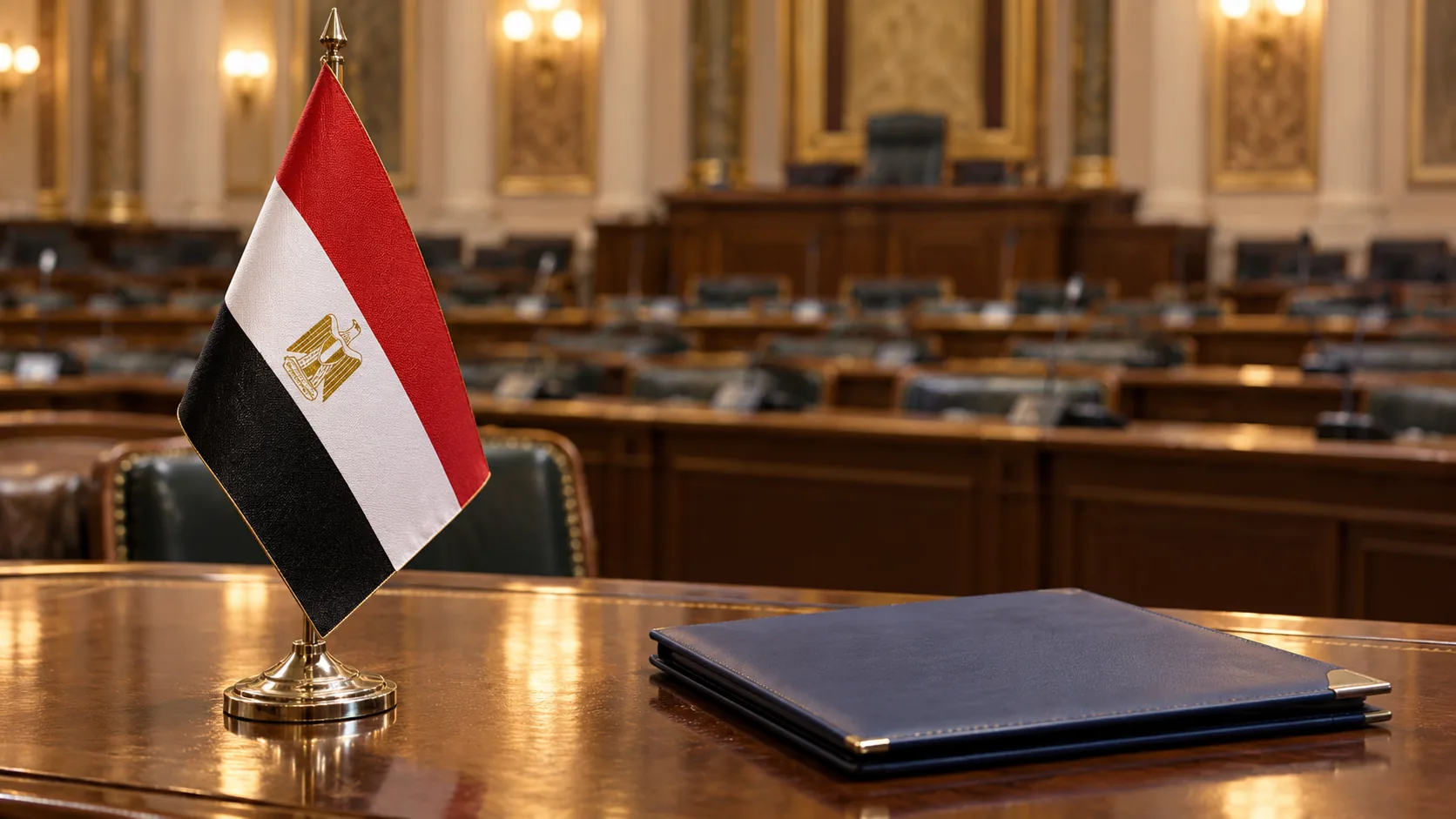 Egyptian flag and closed folder on a wooden table with a meeting room in the background