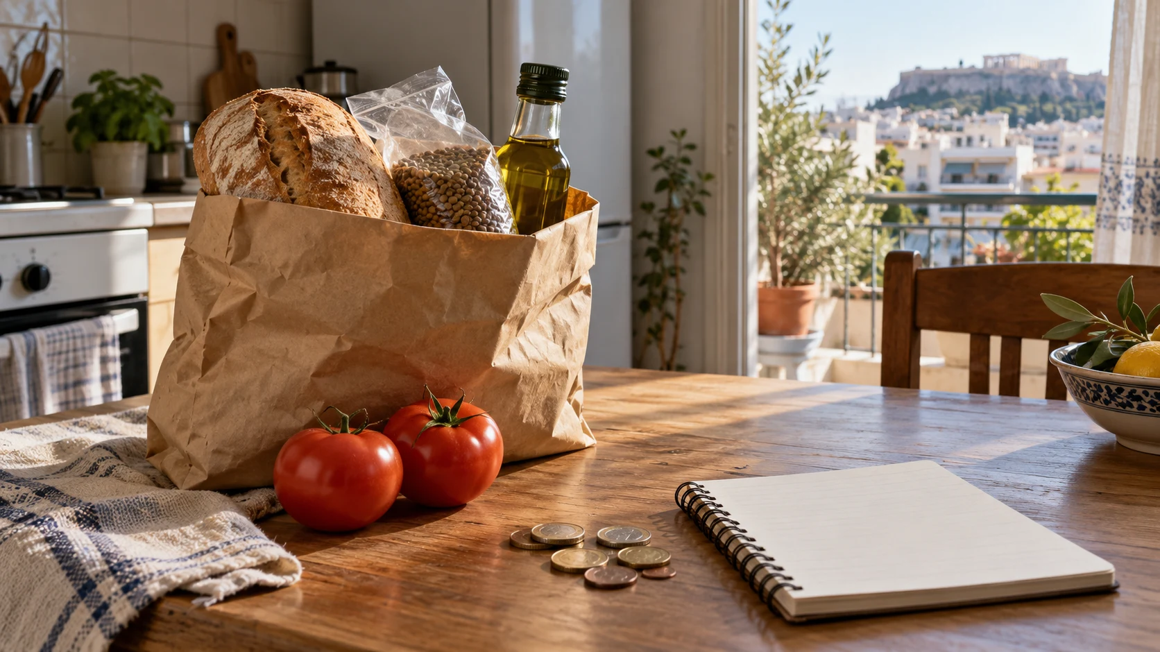 A few groceries and coins on a kitchen table
