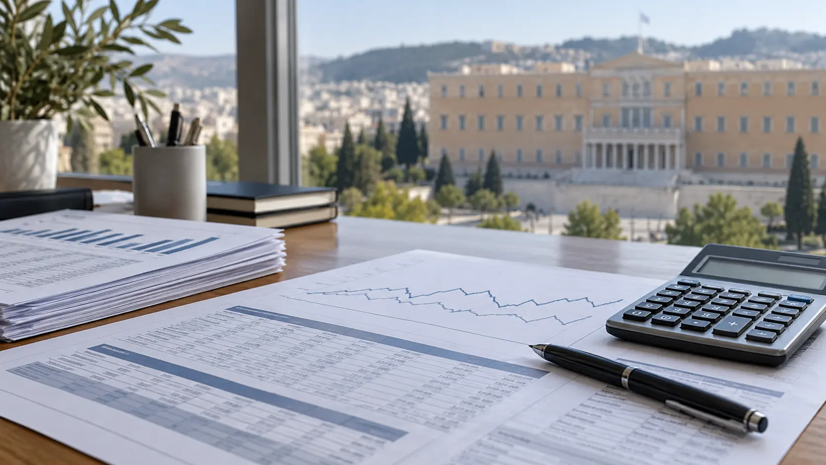 Printed public-finance tables, a chart and calculator on a desk