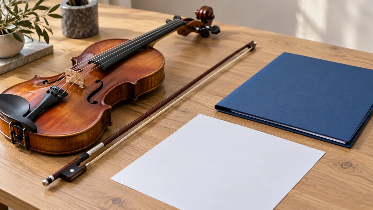 Violin and bow beside a blue folder