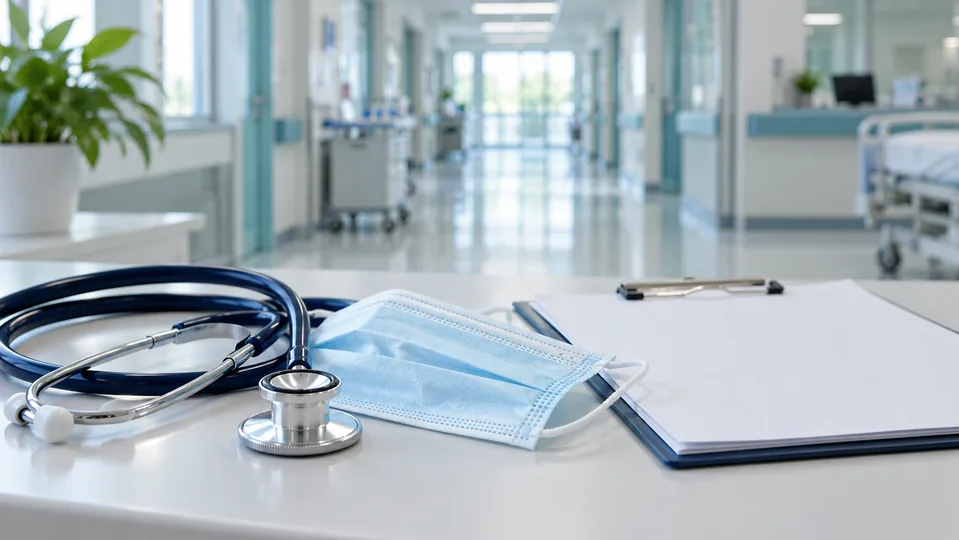A stethoscope and surgical mask on a desk with a hospital corridor behind