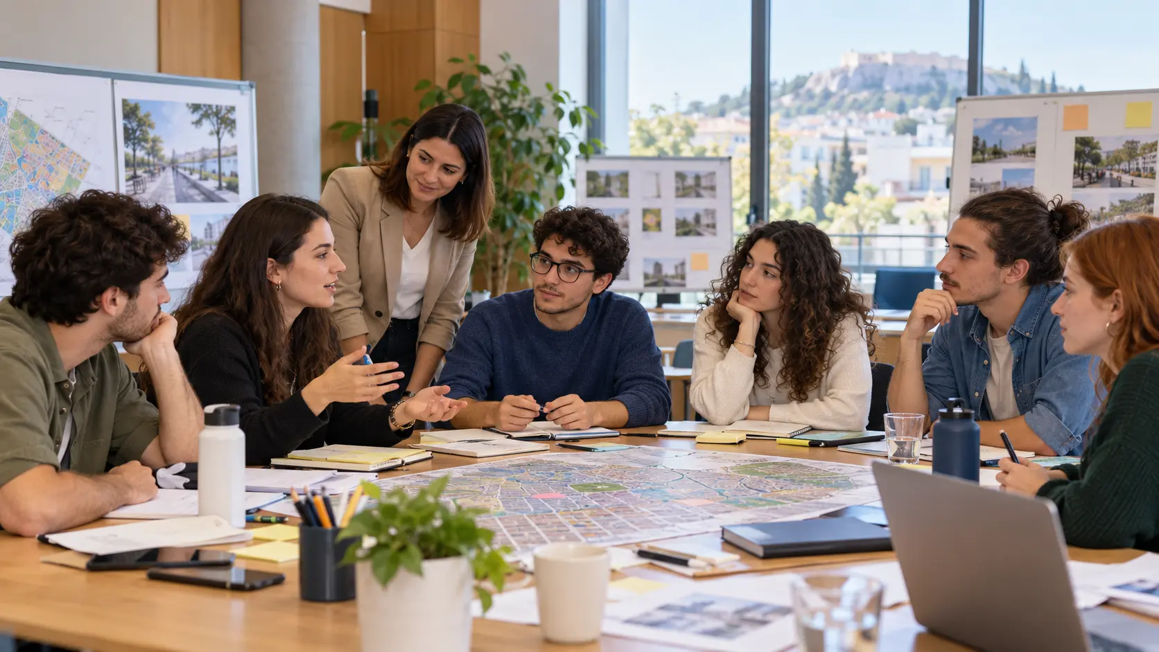 Young adults working with a municipal representative on maps and local action proposals