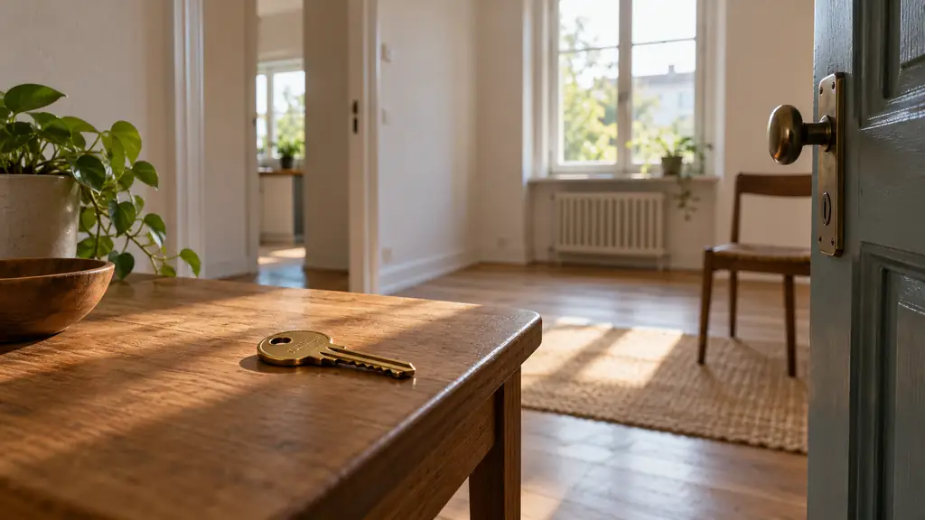 House key on a wooden table beside the open door of a modest apartment