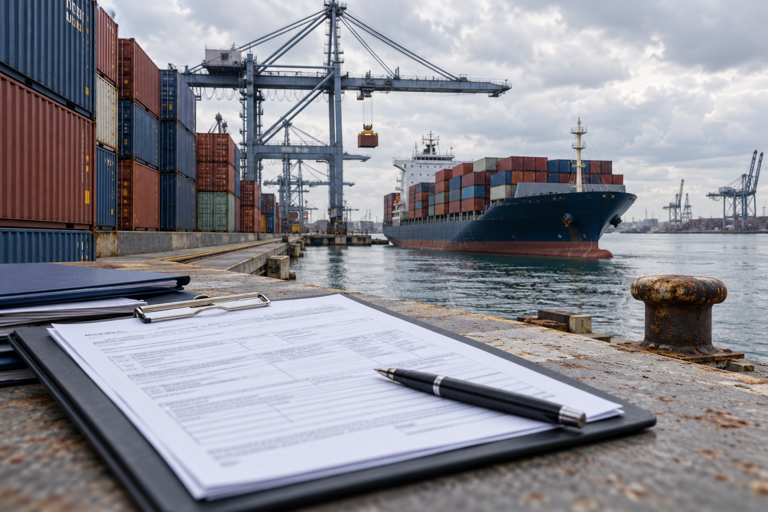 Containers and a cargo ship in a port, with transport documents in the foreground