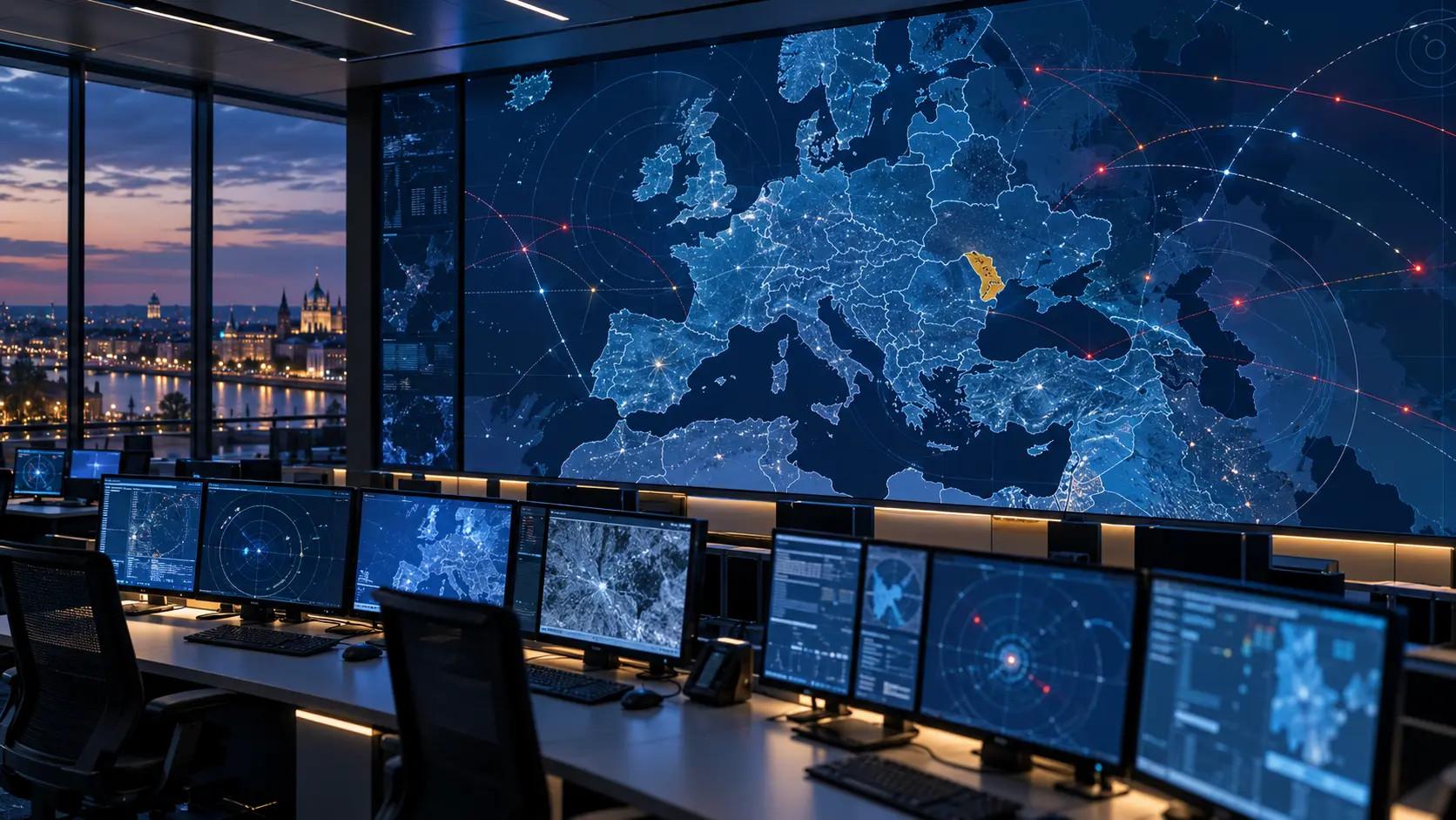 A coordination centre with a digital map of Europe and Moldova