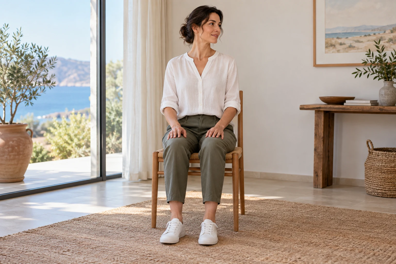 Woman on a stable chair demonstrating a gentle head turn