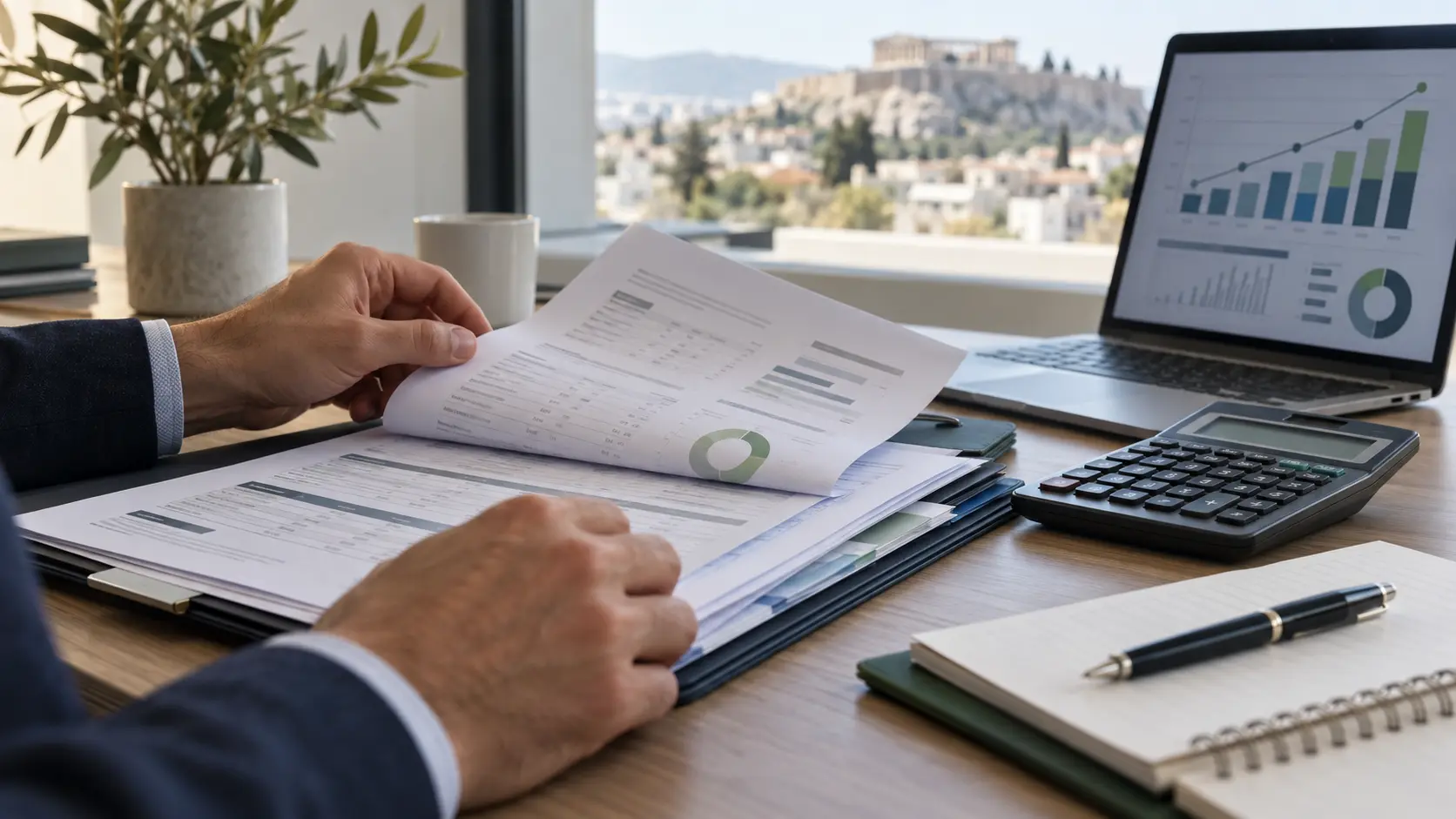 Reviewing financial documents, instalments and a payment-plan chart at an office desk