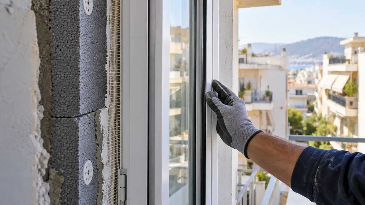 Checking a new window frame beside external home insulation